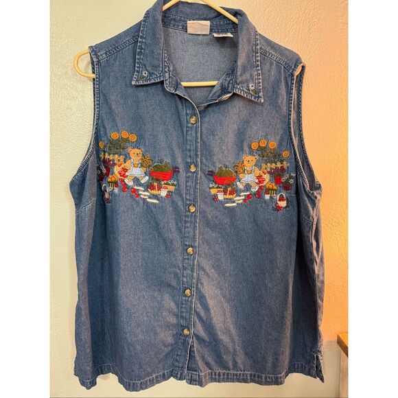 Vintage 90s Bobbie Brooks Denim Embroidered Autumn Teddy Bear Vest XXL - Picture 1 of 6
